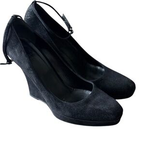 Gucci Black Suede Wedge Pumps with Ankle Strap - Women